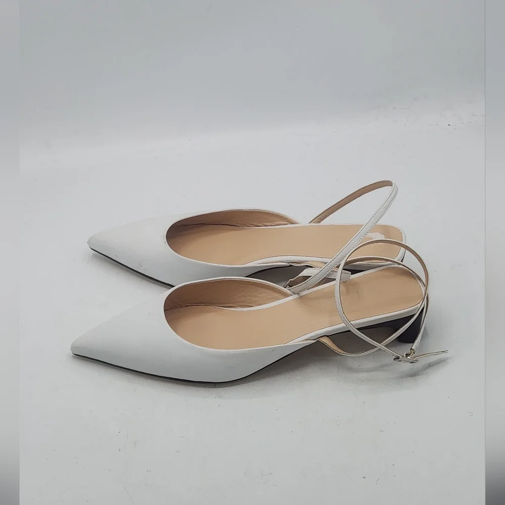 Club Monaco White Leather Pointed Toe Slingback Kitten Heels Size 37.5